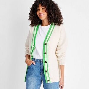 Future Collective Varsity Cardigan Sweater XS Kahlana Barfield Brown Ivory Green